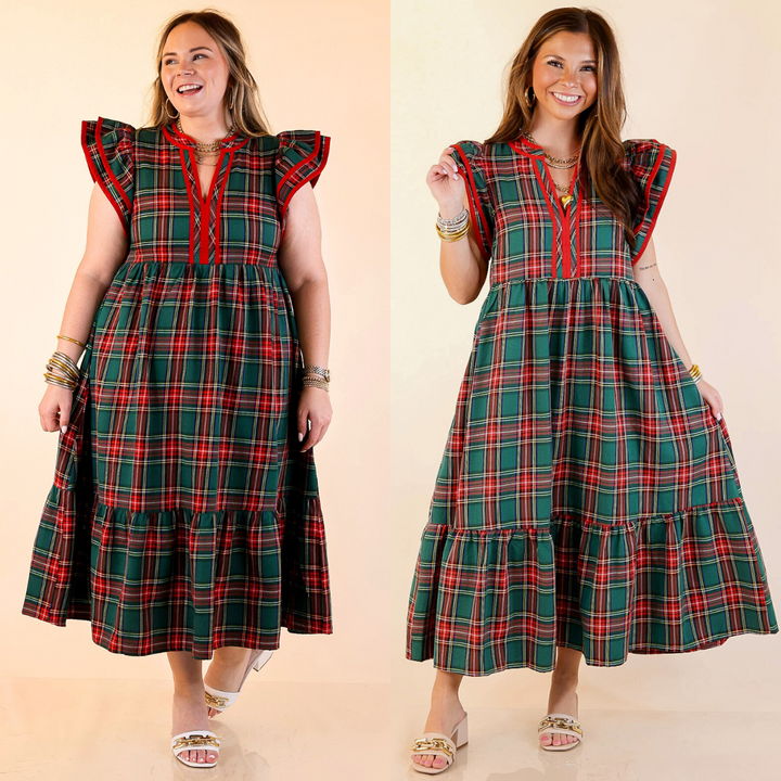 Women wearing a plaid midi dress on a beige background