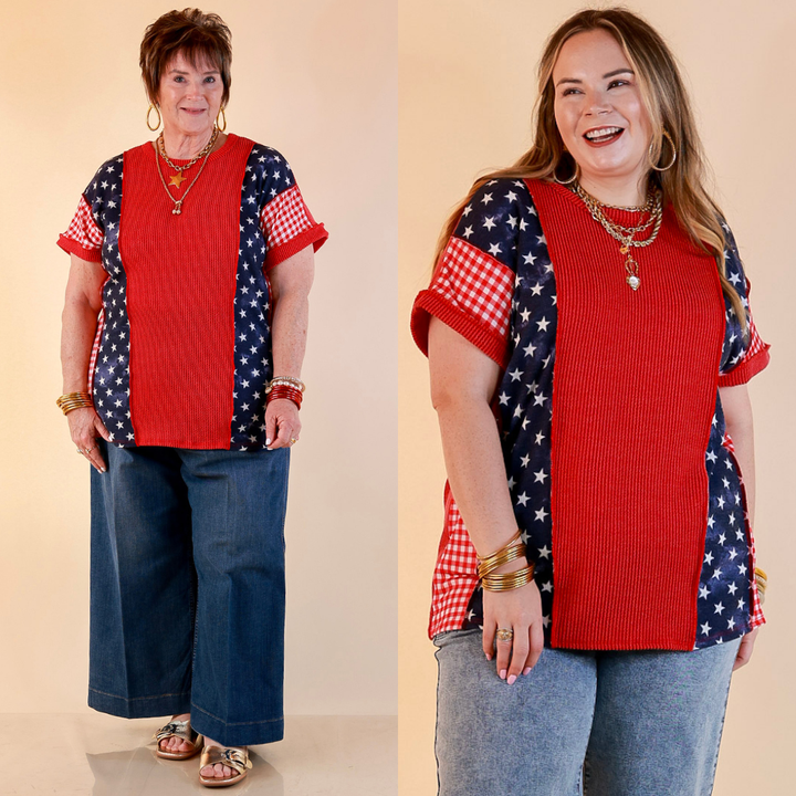 Make Your Mark Ribbed Scoop Neck Mixed Print Short Sleeve Top with Star and Gingham Detailing in Red