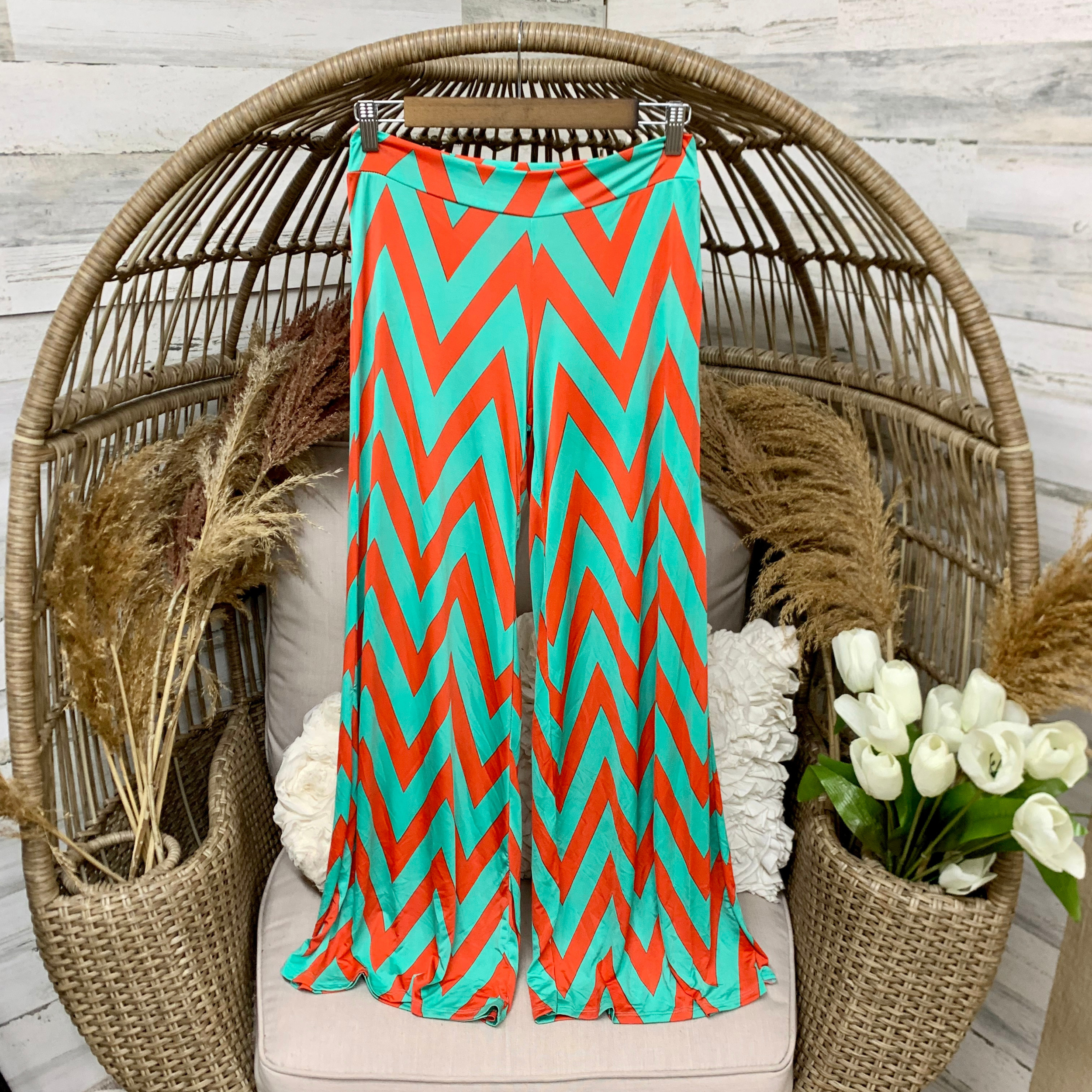 Coral Orange and Seafoam Green Chevron Palazzo Pants - Giddy Up Glamour Boutique