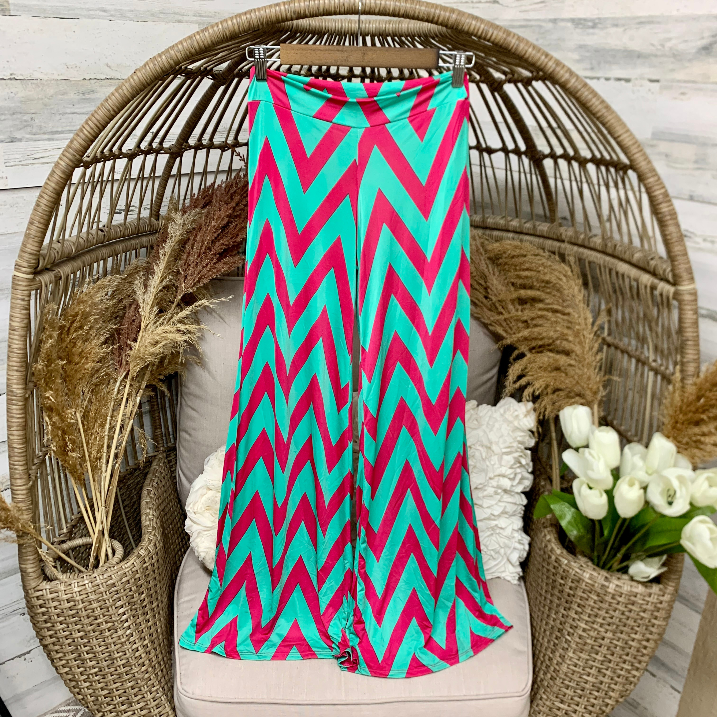 Pink and Seafoam Green Chevron Palazzo Pants - Giddy Up Glamour Boutique