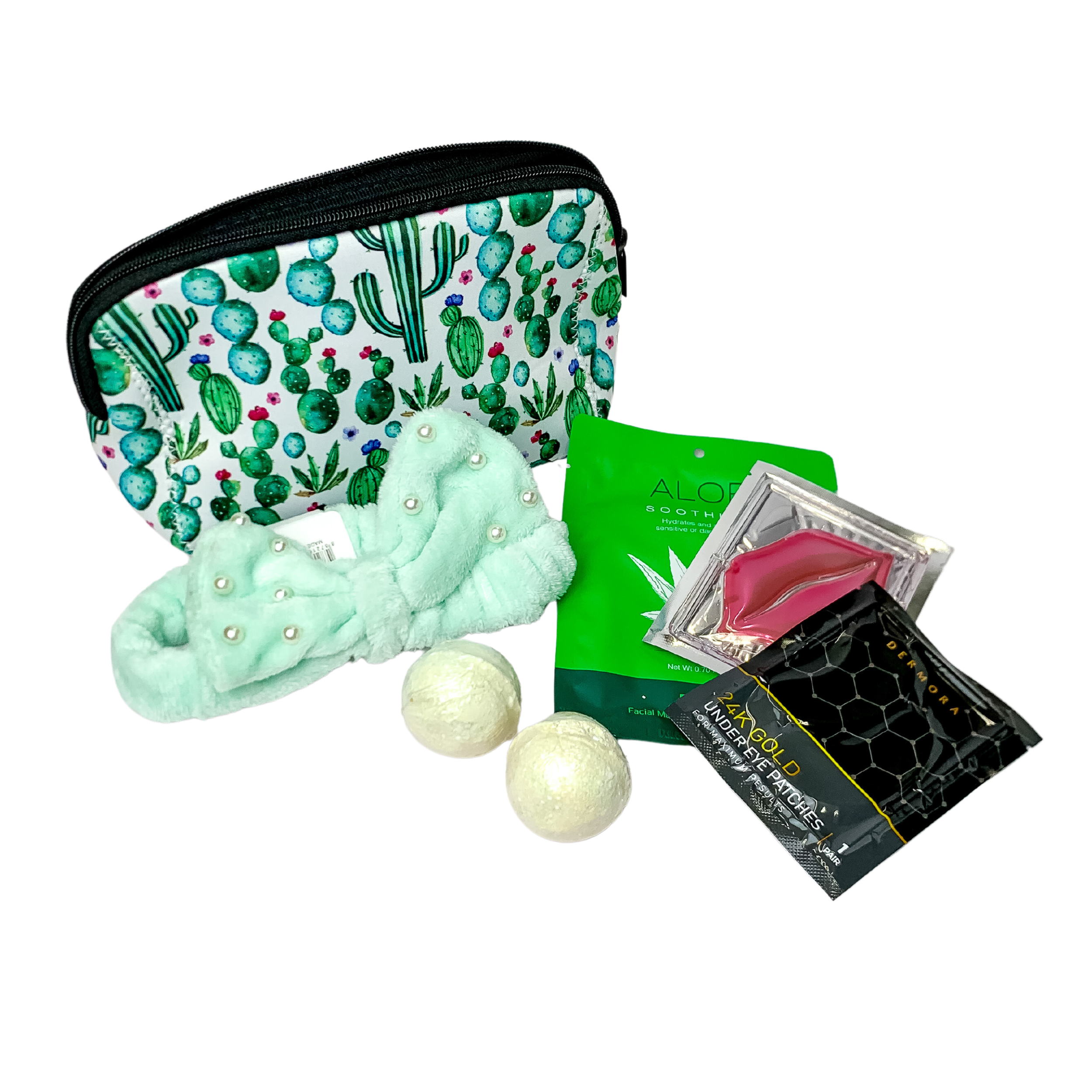 one neoprene makeup bag, one luxury head wrap with bow, facial mask treat, collagen eye treatment, lip mask and bath bombs