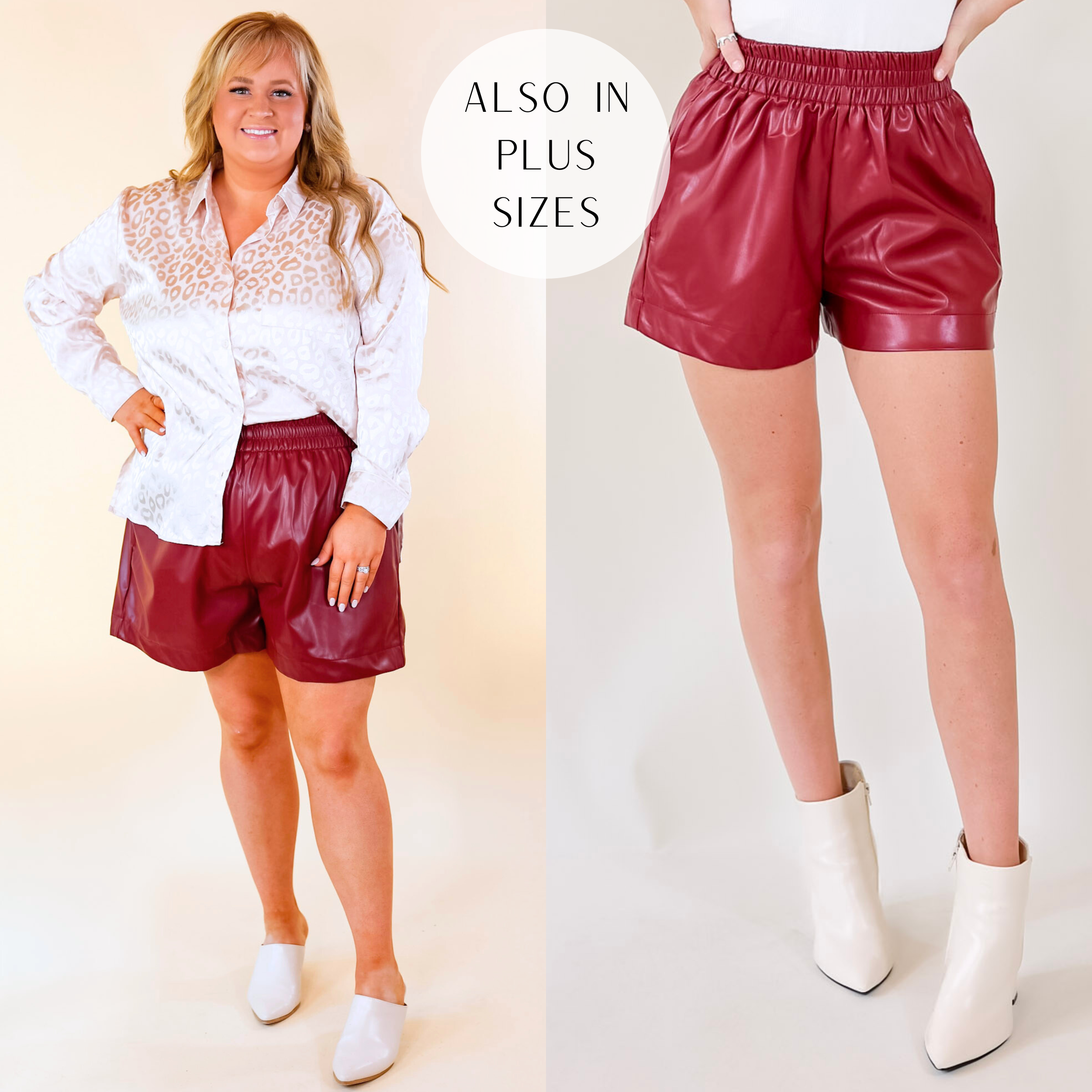 Model is wearing a pair of dark red faux leather shorts featuring a stretchy waistband and pleated design.