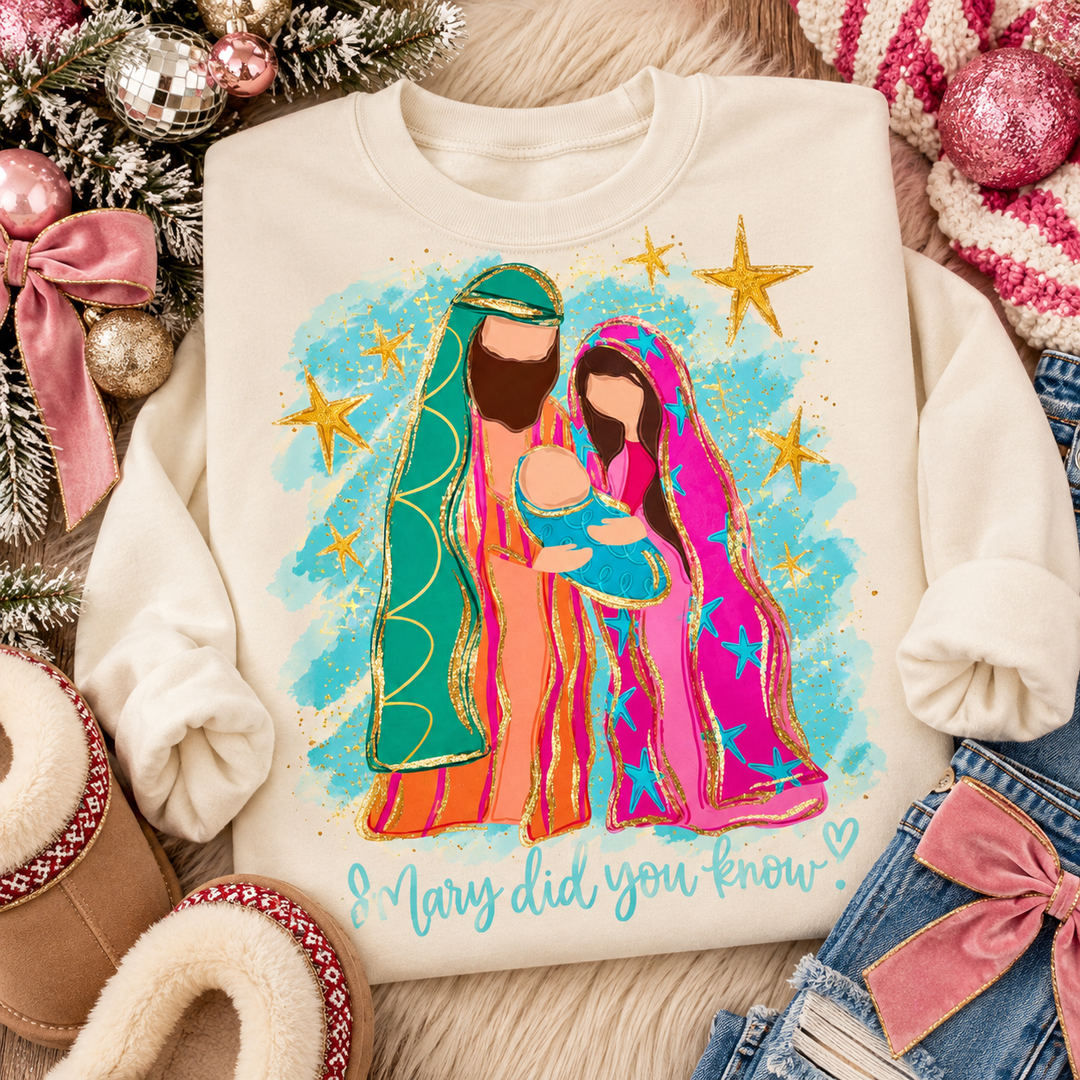 Mary Did You Know Christmas graphic tee or sweatshirt on ivory with a watercolor Mary, Joseph and baby Jesus with Mary Did You Know script