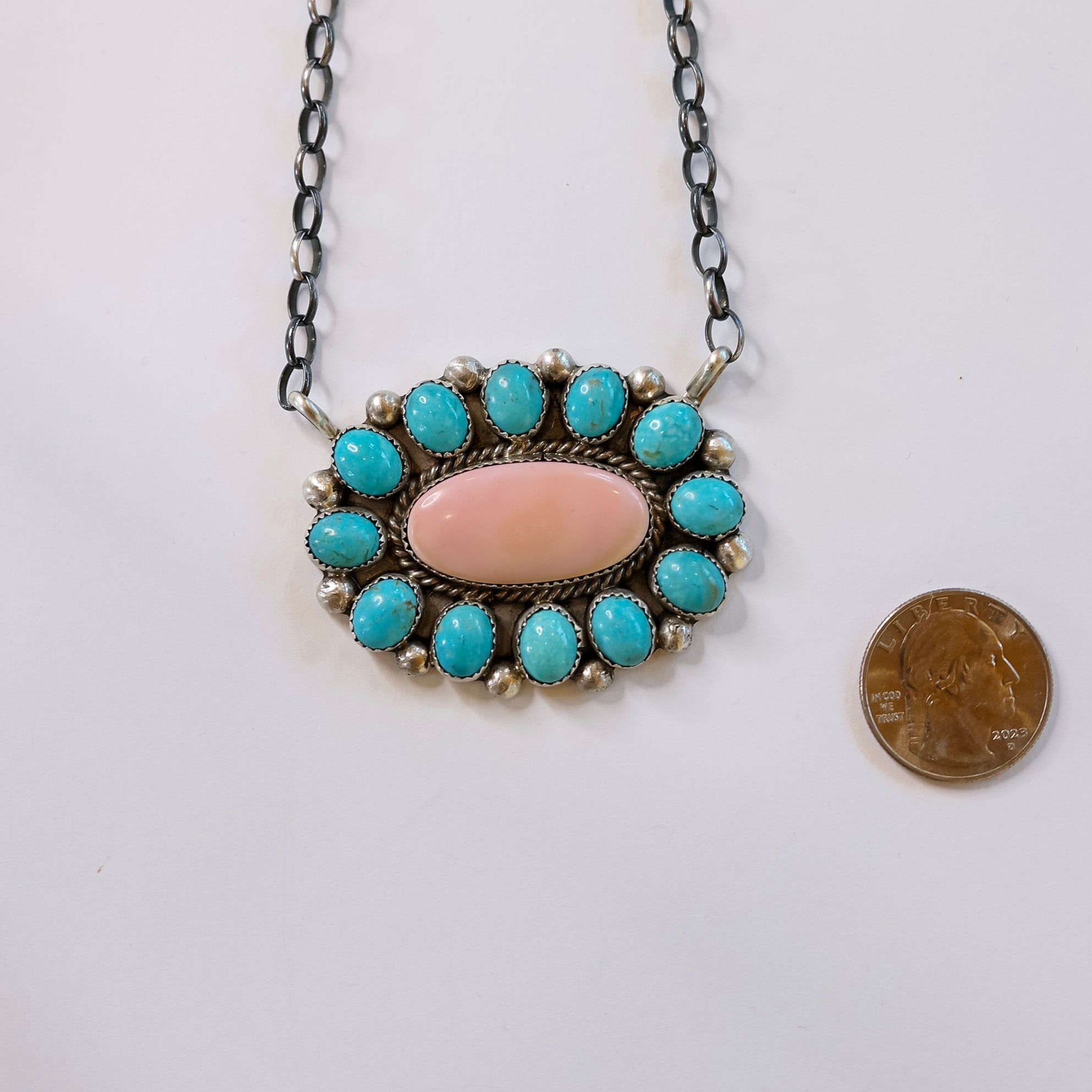 Maxine Ramirez | Navajo Handmade Sterling Silver Kingman Turquoise Cluster Pendant Necklace with Pink Conch Center Stone