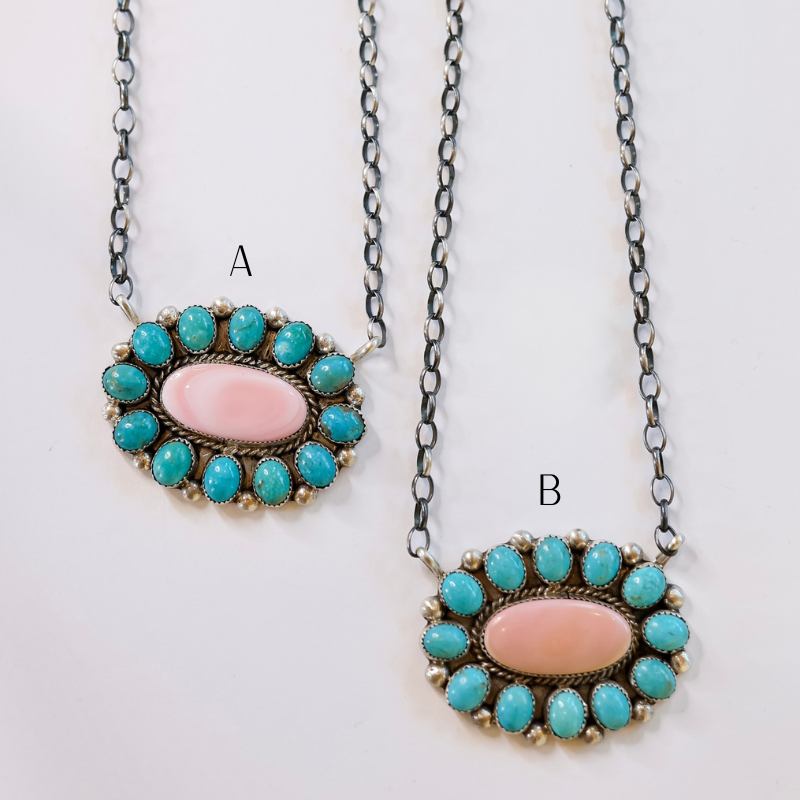 Maxine Ramirez | Navajo Handmade Sterling Silver Kingman Turquoise Cluster Pendant Necklace with Pink Conch Center Stone