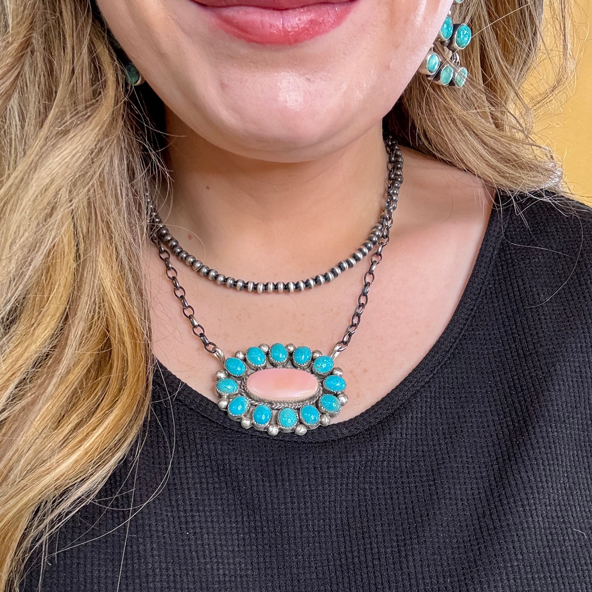 Maxine Ramirez | Navajo Handmade Sterling Silver Kingman Turquoise Cluster Pendant Necklace with Pink Conch Center Stone