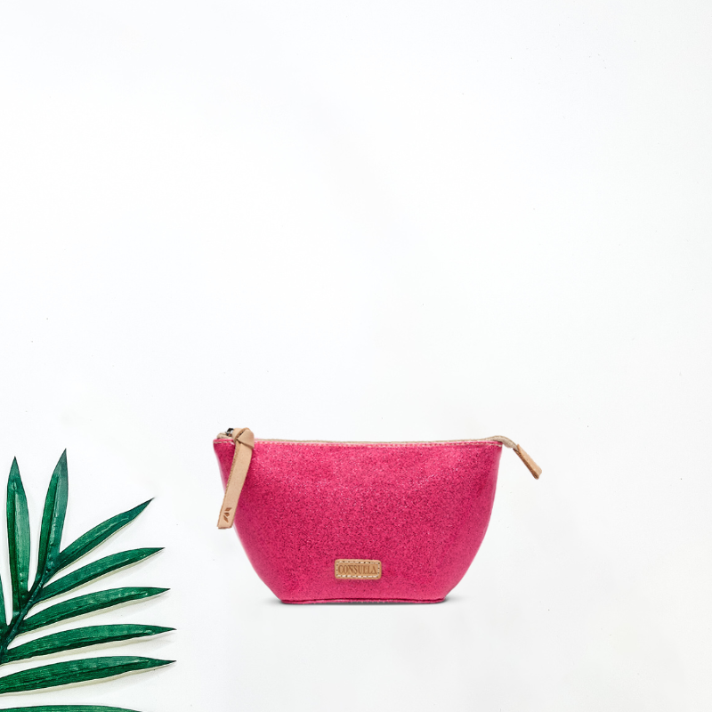 Pink pouch with a brand logo on a white background