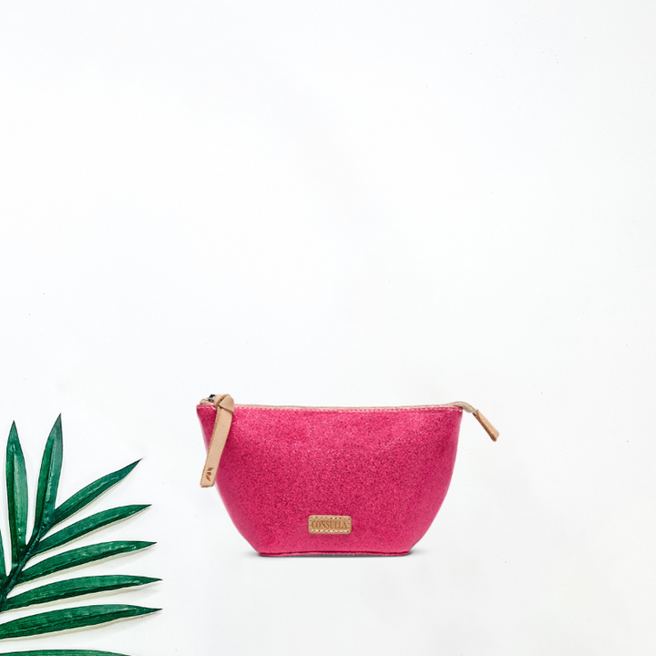 Pink pouch with a brand logo on a white background