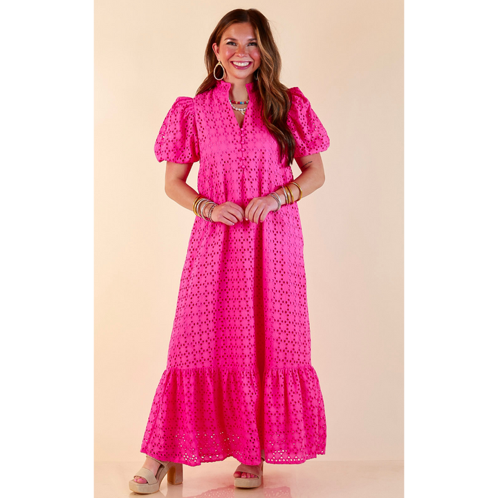 Meet Me at Sunset Eyelet Lace Puff Sleeve Tiered Maxi Dress in Hot Pink