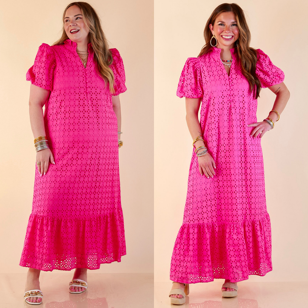 Meet Me at Sunset Eyelet Lace Puff Sleeve Tiered Maxi Dress in Hot Pink