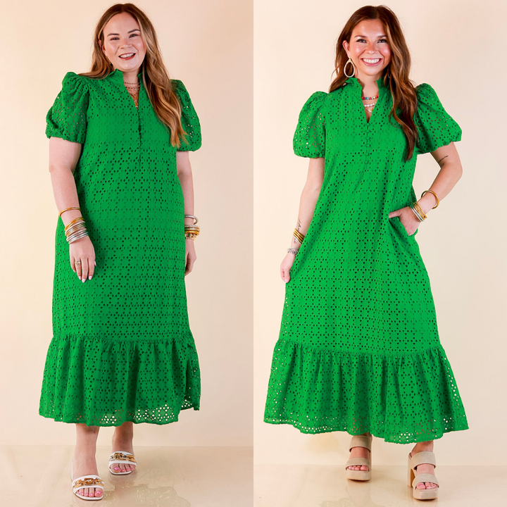 Meet Me at Sunset Eyelet Lace Puff Sleeve Tiered Maxi Dress in Kelly Green