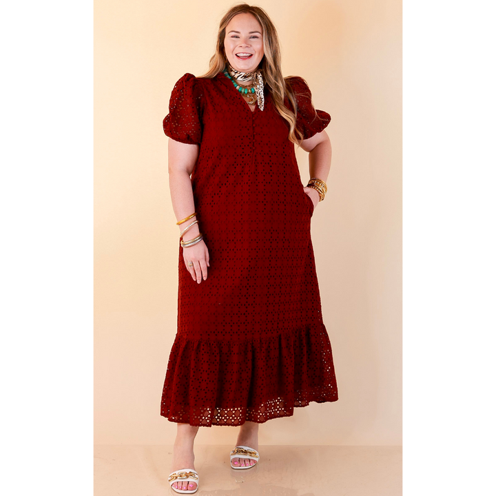 Meet Me at Sunset Eyelet Lace Puff Sleeve Tiered Maxi Dress in Maroon