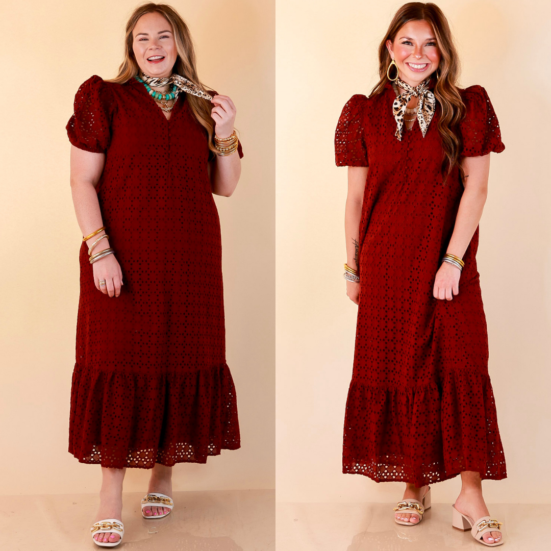 Meet Me at Sunset Eyelet Lace Puff Sleeve Tiered Maxi Dress in Maroon
