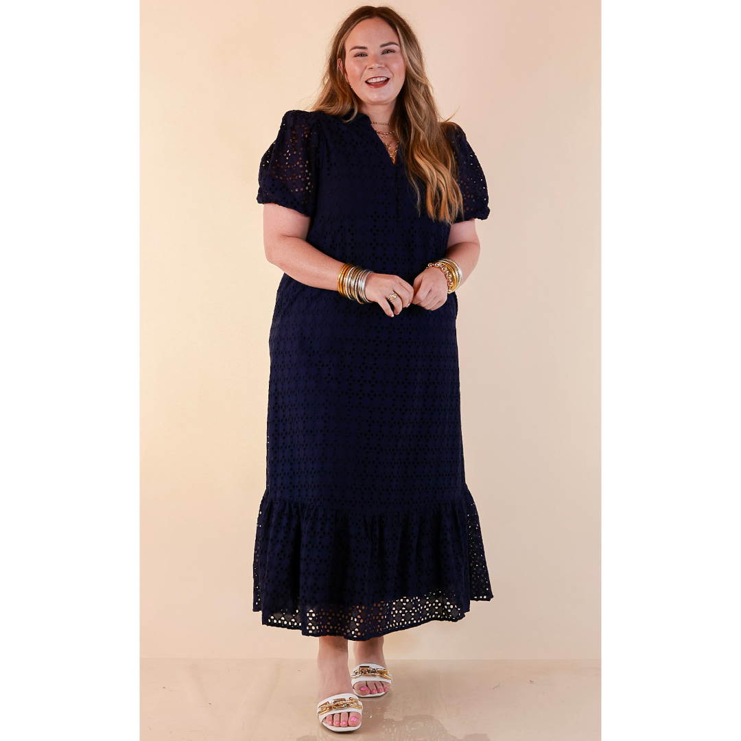 Meet Me at Sunset Eyelet Lace Puff Sleeve Tiered Maxi Dress in Navy Blue