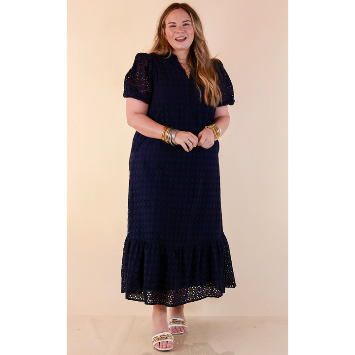 Meet Me at Sunset Eyelet Lace Puff Sleeve Tiered Maxi Dress in Navy Blue