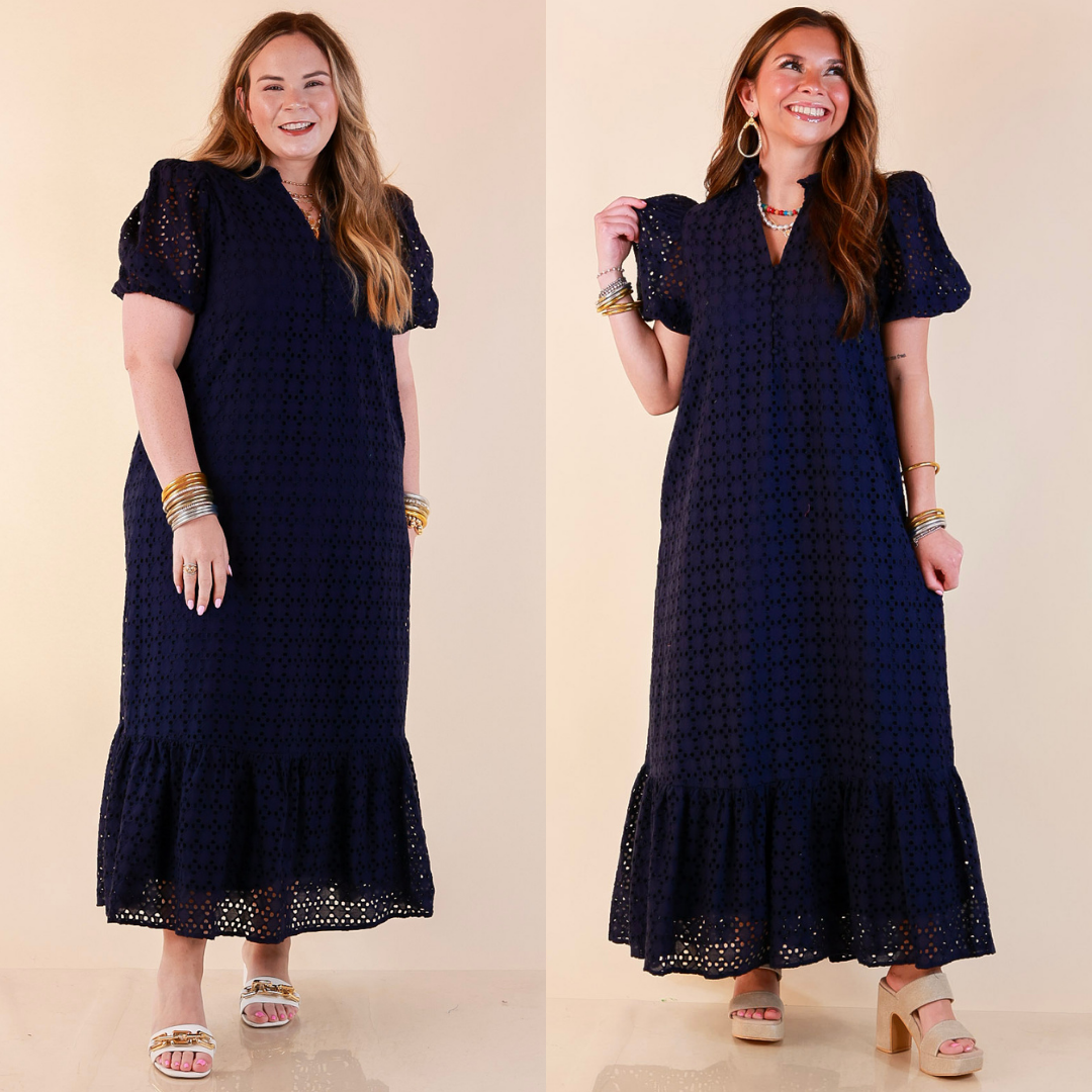 Meet Me at Sunset Eyelet Lace Puff Sleeve Tiered Maxi Dress in Navy Blue
