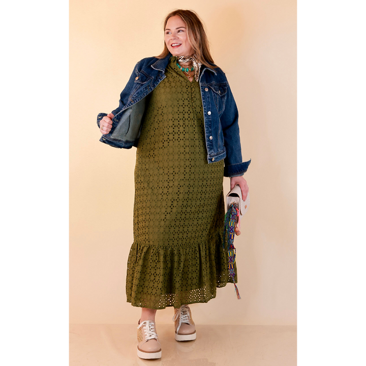 Meet Me at Sunset Eyelet Lace Puff Sleeve Tiered Maxi Dress in Olive Green