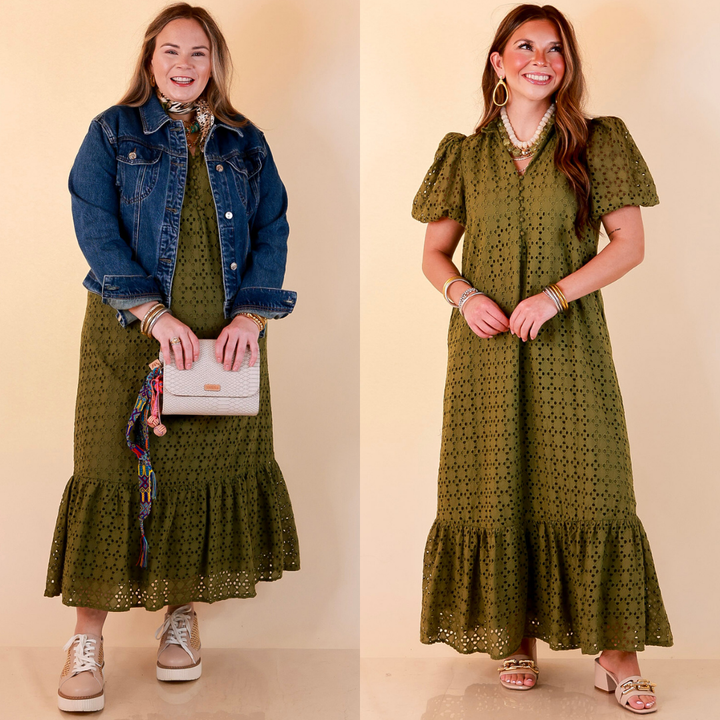 Meet Me at Sunset Eyelet Lace Puff Sleeve Tiered Maxi Dress in Olive Green