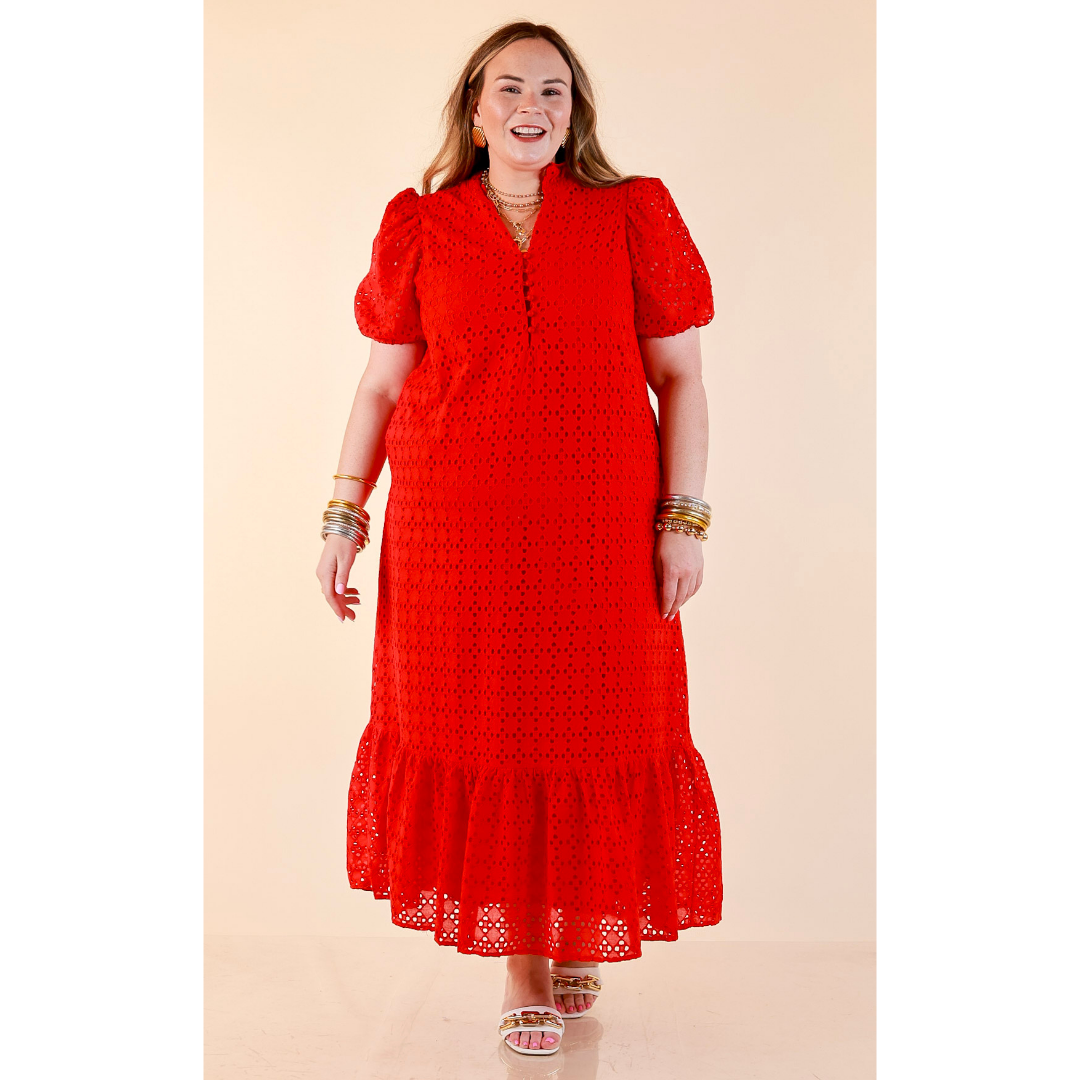 Meet Me at Sunset Eyelet Lace Puff Sleeve Tiered Maxi Dress in Red
