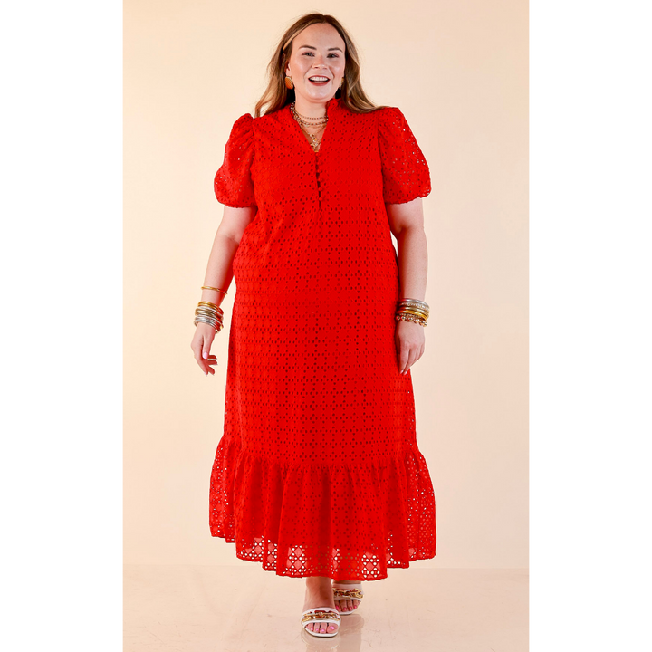 Meet Me at Sunset Eyelet Lace Puff Sleeve Tiered Maxi Dress in Red