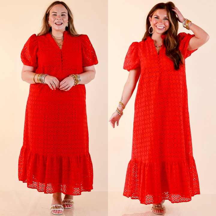 Meet Me at Sunset Eyelet Lace Puff Sleeve Tiered Maxi Dress in Red