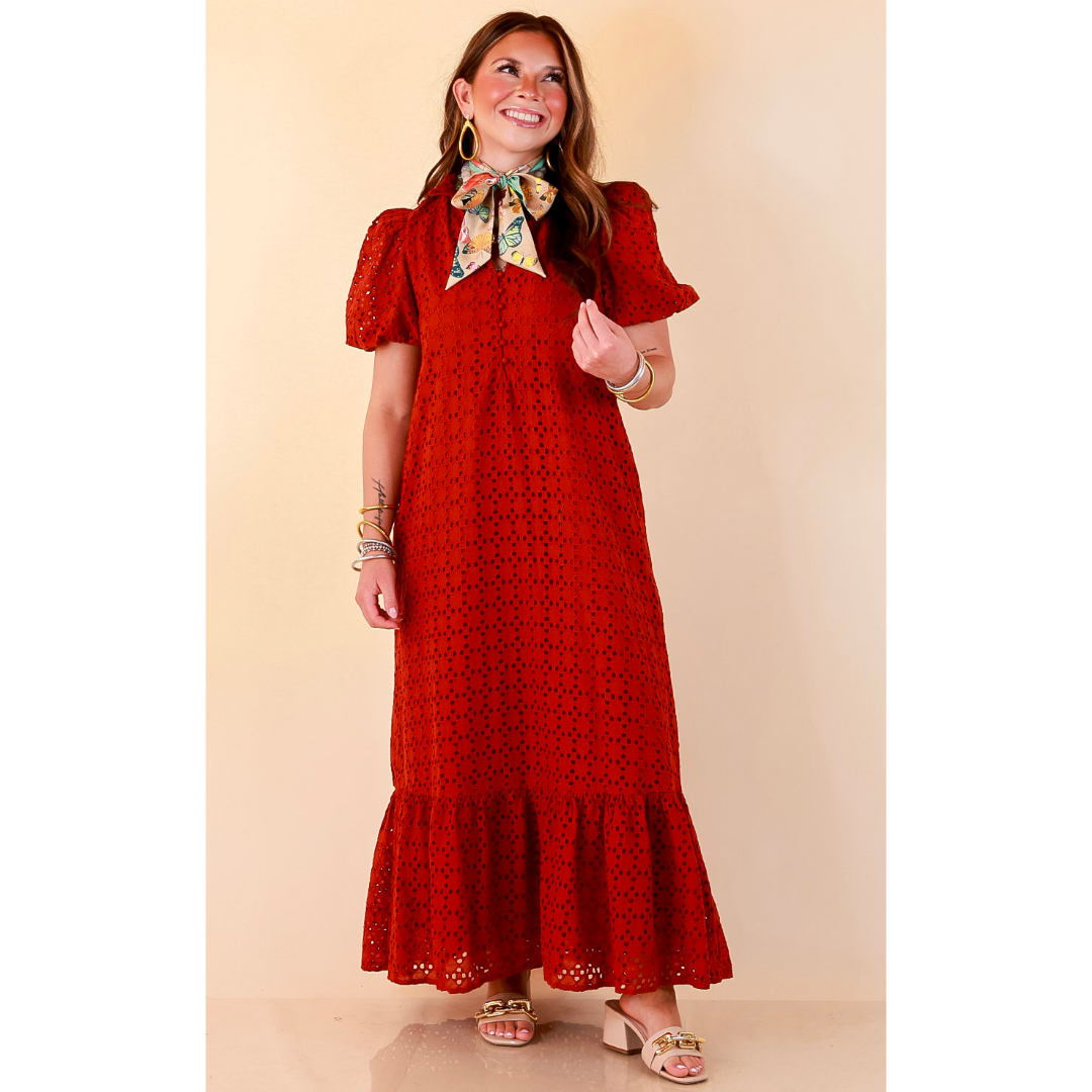 Meet Me at Sunset Eyelet Lace Puff Sleeve Tiered Maxi Dress in Rust Red