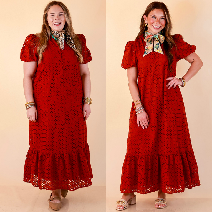 Meet Me at Sunset Eyelet Lace Puff Sleeve Tiered Maxi Dress in Rust Red