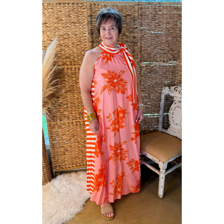 Meet Me in Palm Beach Floral Print Halter Maxi Dress with Adjustable Bow Tie Neck in Pink and Orange