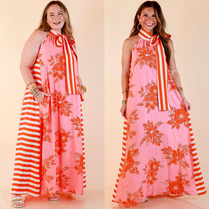 Meet Me in Palm Beach Floral Print Halter Maxi Dress with Adjustable Bow Tie Neck in Pink and Orange