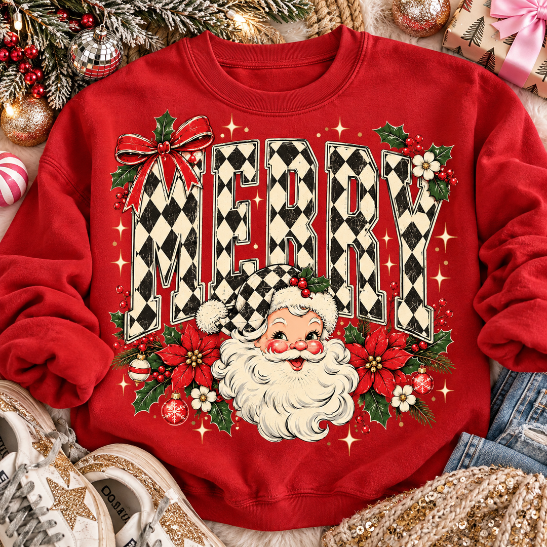 Merry Dixie Santa Christmas graphic tee or sweatshirt on red with black and white harlequin Merry lettering with a vintage Santa and poinsettias