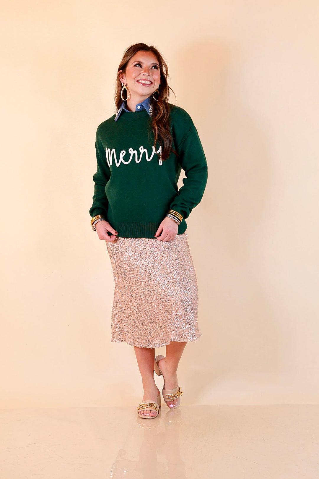 Merry Little Moment Merry Script Sweater in Green