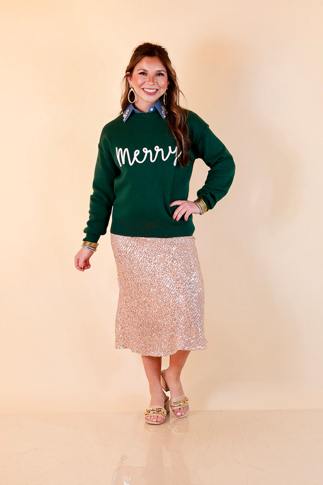 Merry Little Moment Merry Script Sweater in Green