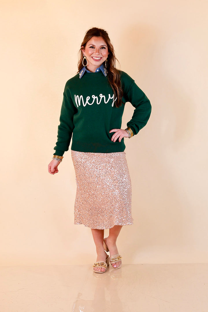 Merry Little Moment Merry Script Sweater in Green
