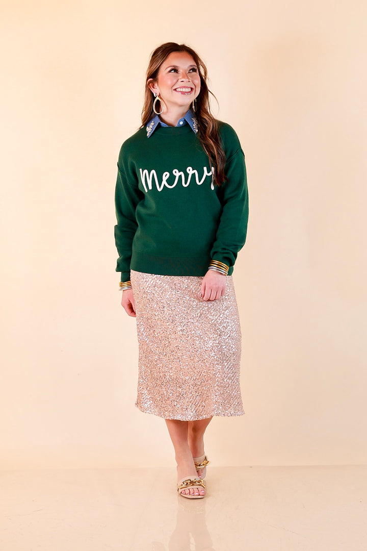 Merry Little Moment Merry Script Sweater in Green