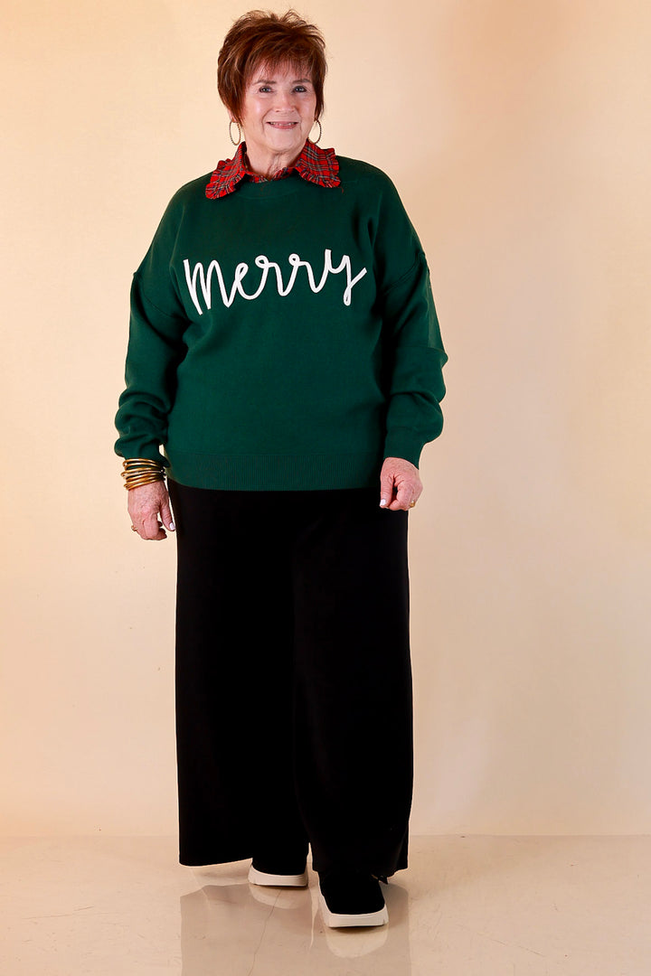 Merry Little Moment Merry Script Sweater in Green