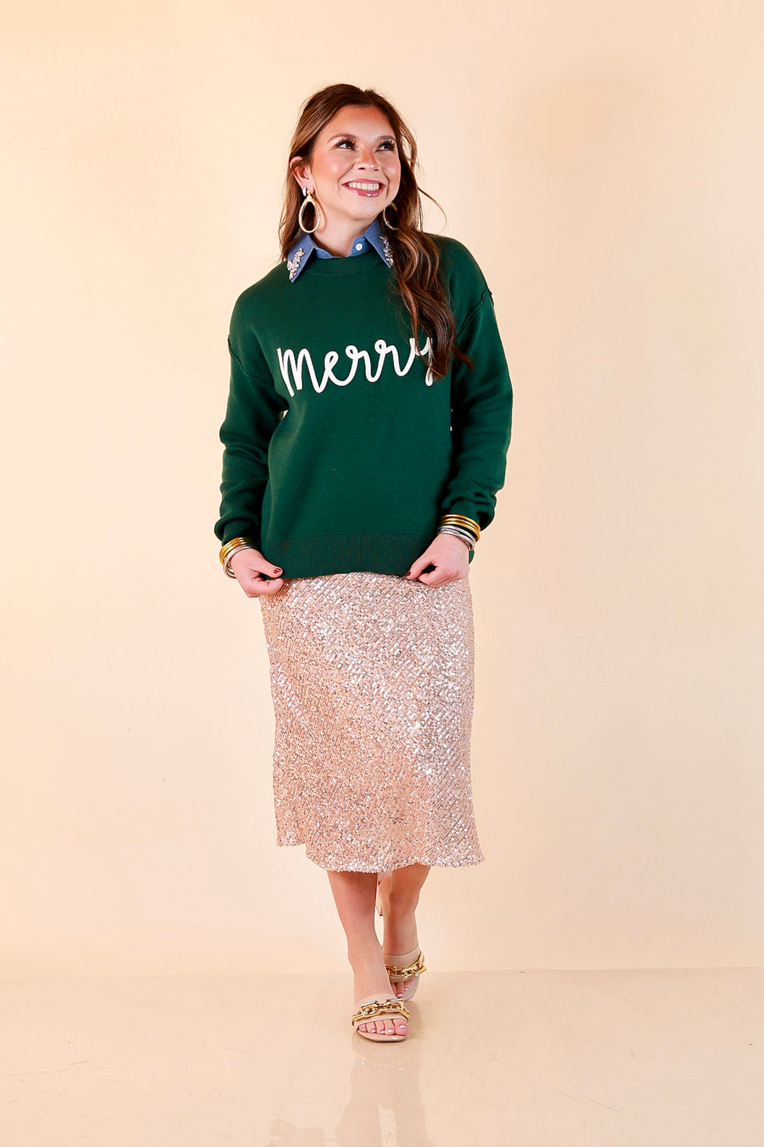 Merry Little Moment Merry Script Sweater in Green