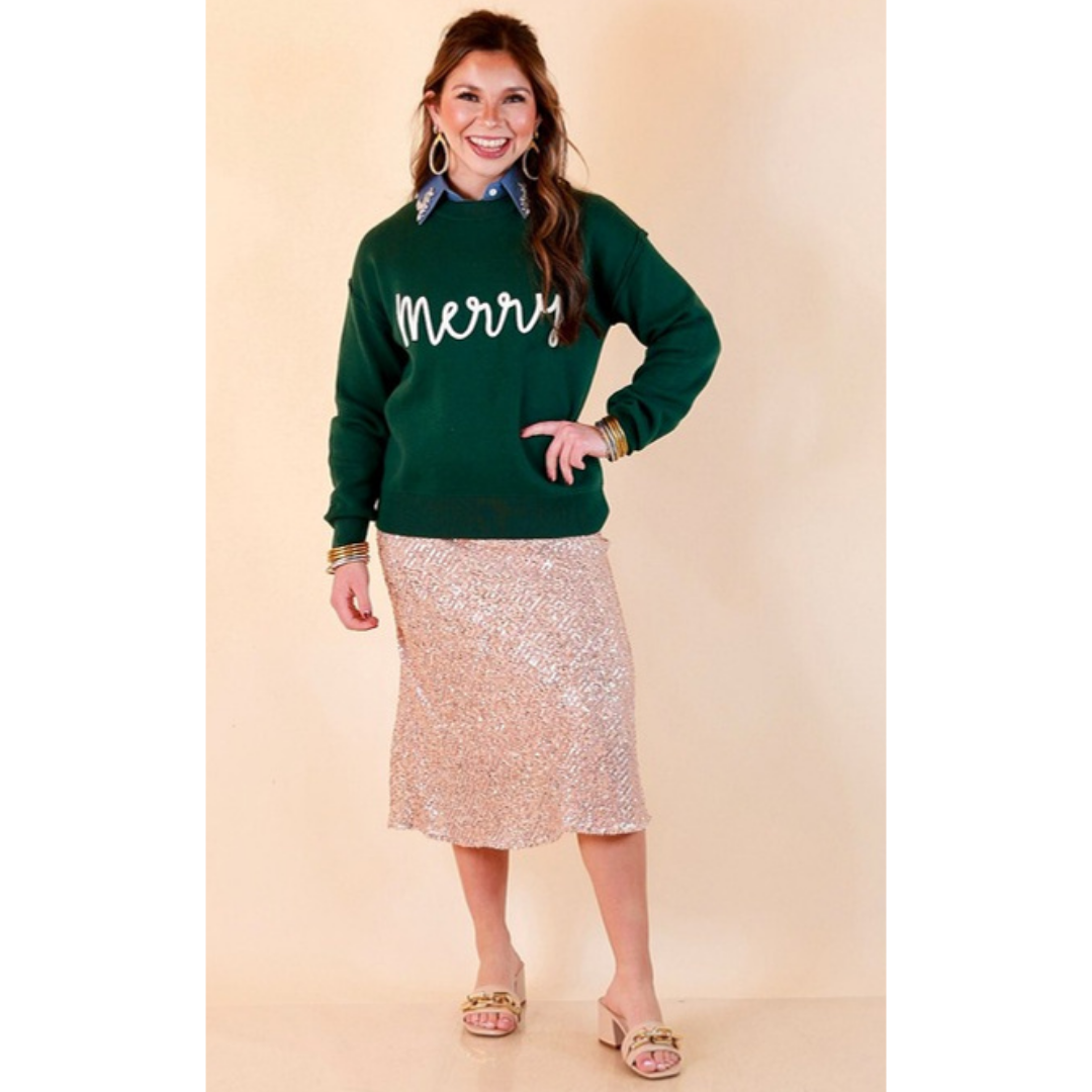 Merry Little Moment merry script crewneck sweater in green