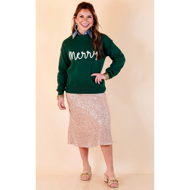 Merry Little Moment merry script crewneck sweater in green
