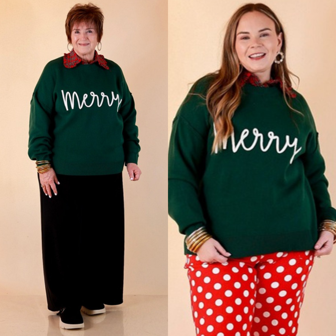 Merry Little Moment merry script crewneck sweater in green