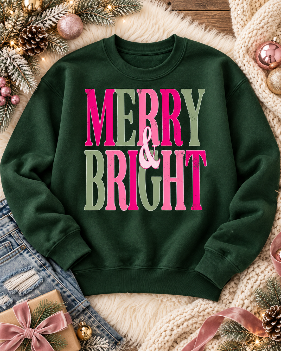 Merry Pink Tone Christmas graphic tee or sweatshirt on forest green with hot pink and sage striped Merry and Bright block letters