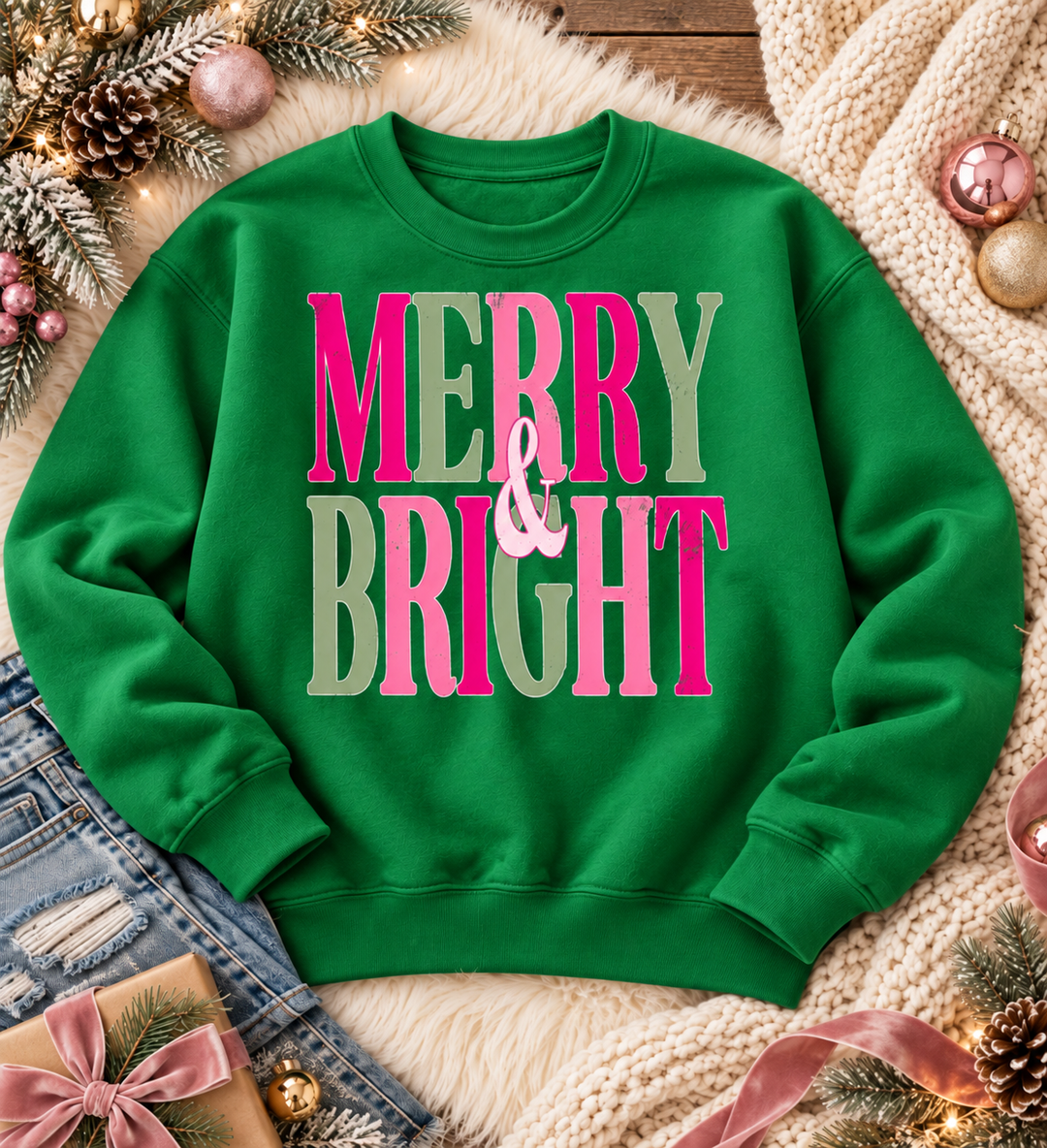 Merry Pink Tone Christmas graphic tee or sweatshirt on kelly green with hot pink and sage striped Merry and Bright block letters