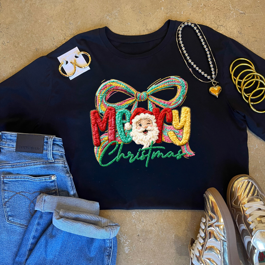 Made to Order | Merry Christmas Faux Yarn Bow and Santa Graphic on Tee and Sweatshirt Options - Giddy Up Glamour Boutique