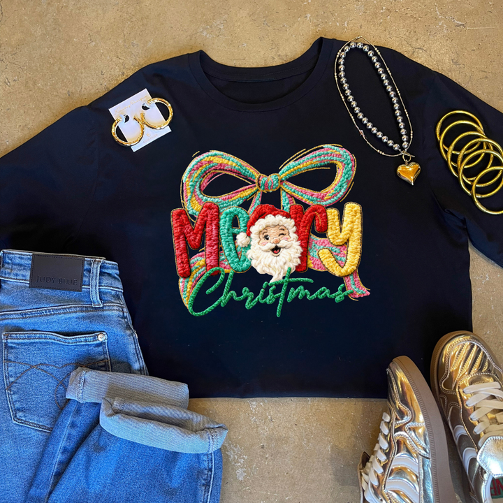 Made to Order | Merry Christmas Faux Yarn Bow and Santa Graphic on Tee and Sweatshirt Options - Giddy Up Glamour Boutique