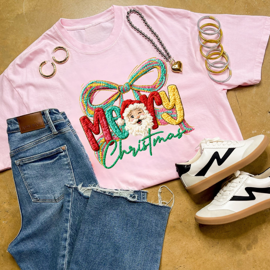 Made to Order | Merry Christmas Faux Yarn Bow and Santa Graphic on Tee and Sweatshirt Options - Giddy Up Glamour Boutique
