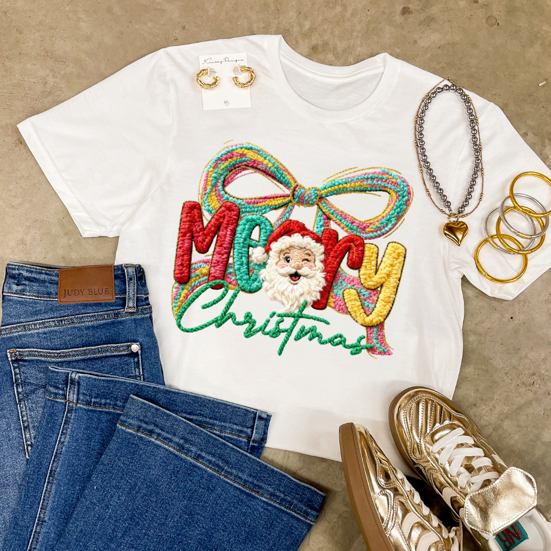 Made to Order | Merry Christmas Faux Yarn Bow and Santa Graphic on Tee and Sweatshirt Options - Giddy Up Glamour Boutique