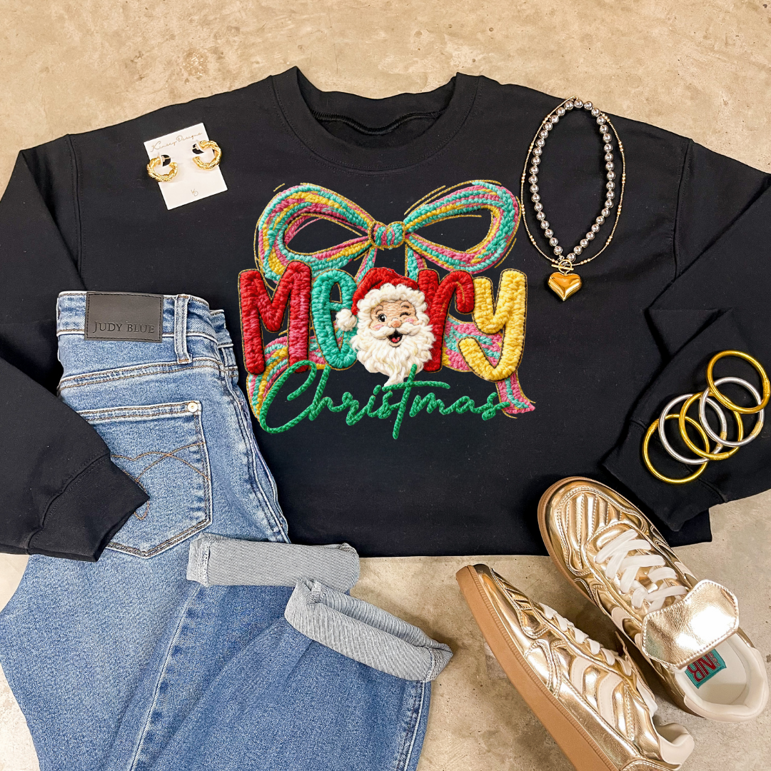 Made to Order | Merry Christmas Faux Yarn Bow and Santa Graphic on Tee and Sweatshirt Options - Giddy Up Glamour Boutique
