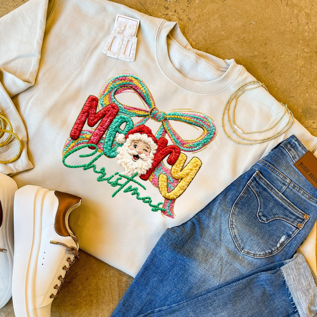 Made to Order | Merry Christmas Faux Yarn Bow and Santa Graphic on Tee and Sweatshirt Options - Giddy Up Glamour Boutique