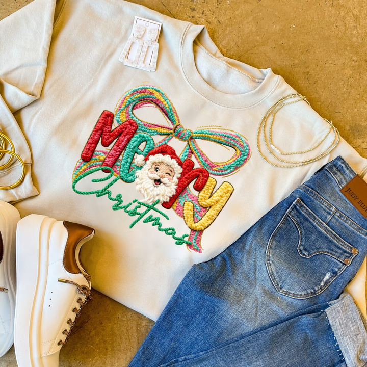 Made to Order | Merry Christmas Faux Yarn Bow and Santa Graphic on Tee and Sweatshirt Options - Giddy Up Glamour Boutique