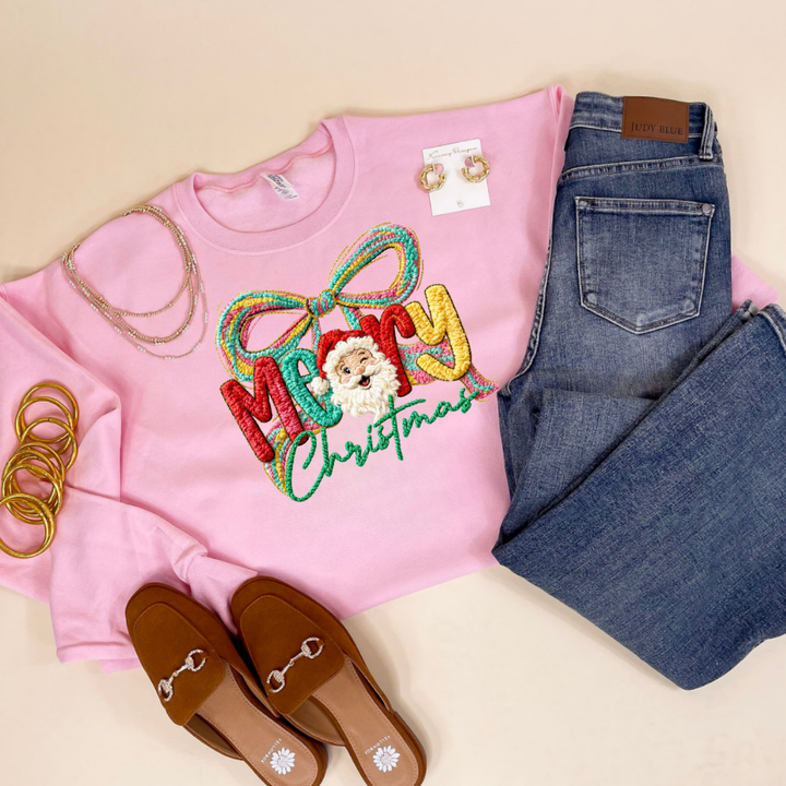 Made to Order | Merry Christmas Faux Yarn Bow and Santa Graphic on Tee and Sweatshirt Options - Giddy Up Glamour Boutique
