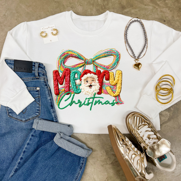 Made to Order | Merry Christmas Faux Yarn Bow and Santa Graphic on Tee and Sweatshirt Options - Giddy Up Glamour Boutique